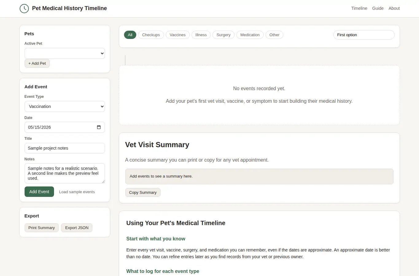 Screenshot of Pet Medical History Timeline interface showing the project page in use